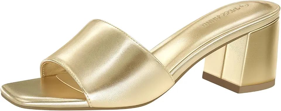 PIZZ ANNU Women's Square Open Toe Heels Sandals, Gold PU 7