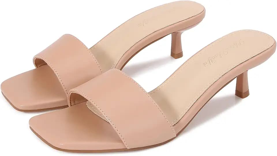Women's Kitten Heels Sandals Heeled Slides Square Open Toe One Band Slip-On Heeled Mules Low Heeled Sandals for Women