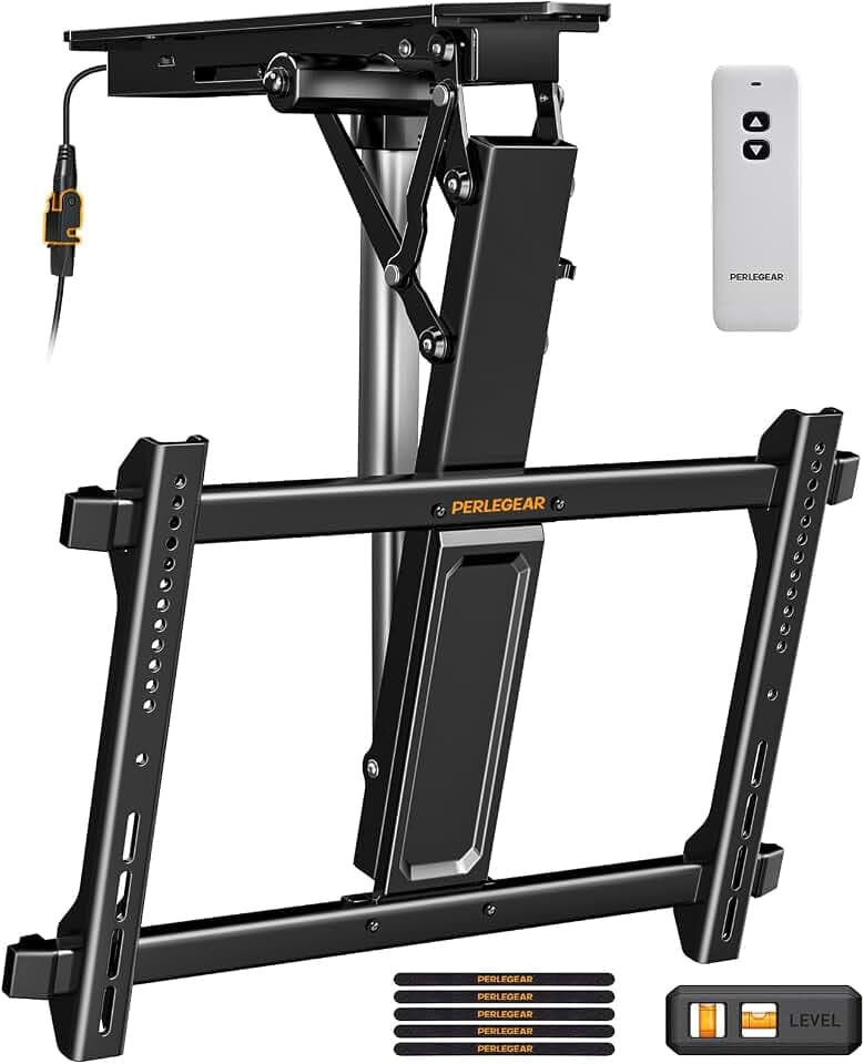 Perlegear Electric Ceiling TV Mount with Remote for 32-70 inch Flat and Curved Screen TVs up to 88 lbs, Max VESA 600x400, Motorized TV Ceiling Mount Flip Down for Flat Roof, Drop Down Ceiling Mount