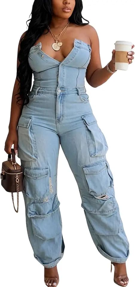 Voghtic Strapless Denim Jumpsuit for Women Date Night Out Club Outfits
