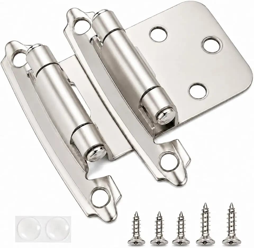 DecoBasics Cabinet Hinges Brushed Nickel for Kitchen Cabinets Doors (10 Pair -20 Pcs) -1/2" Overlay (Variable) -Self Closing Kitchen Cabinet Hinges Flush Mount w/Silicon Bumpers & Hardware Screws
