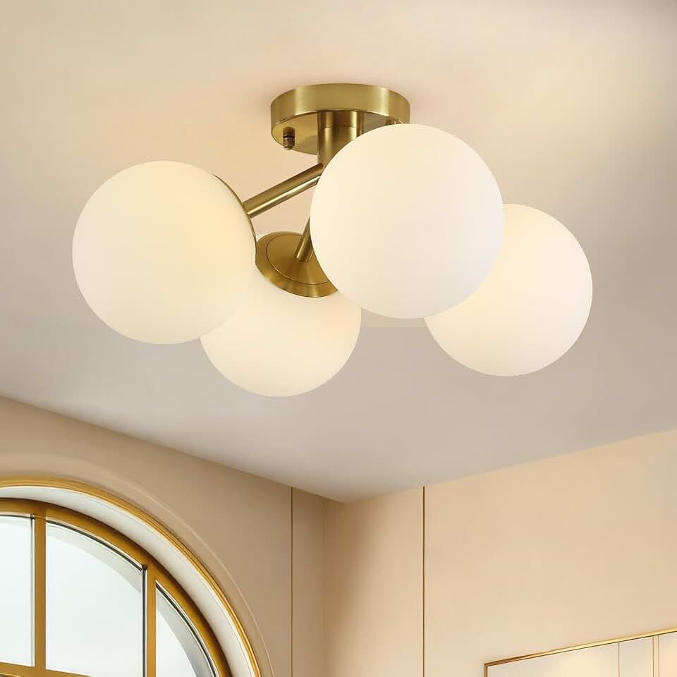 4-Light Mid Century Modern Ceiling Light, 19.69" Brass Semi Flush Mount Ceiling Light, Milk Glass Globe Sputnik Ceiling Light Fixture for Kitchen, Bedroom, Living Room, Hallway