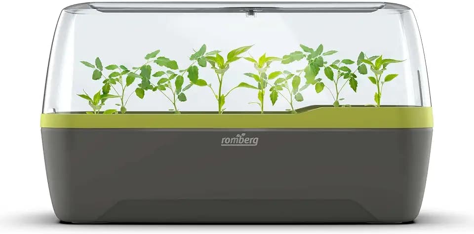 Romberg BoQube L Plus Mini Gewächshaus Anzuchtset & Pflanzkasten mit 10 selbstbewässernden Pflanzzellen und Bewässerungssystem, Zimmergewächshaus für Indoor Kräutergarten, 41×17×23 cm, Ant.-Sommergrün