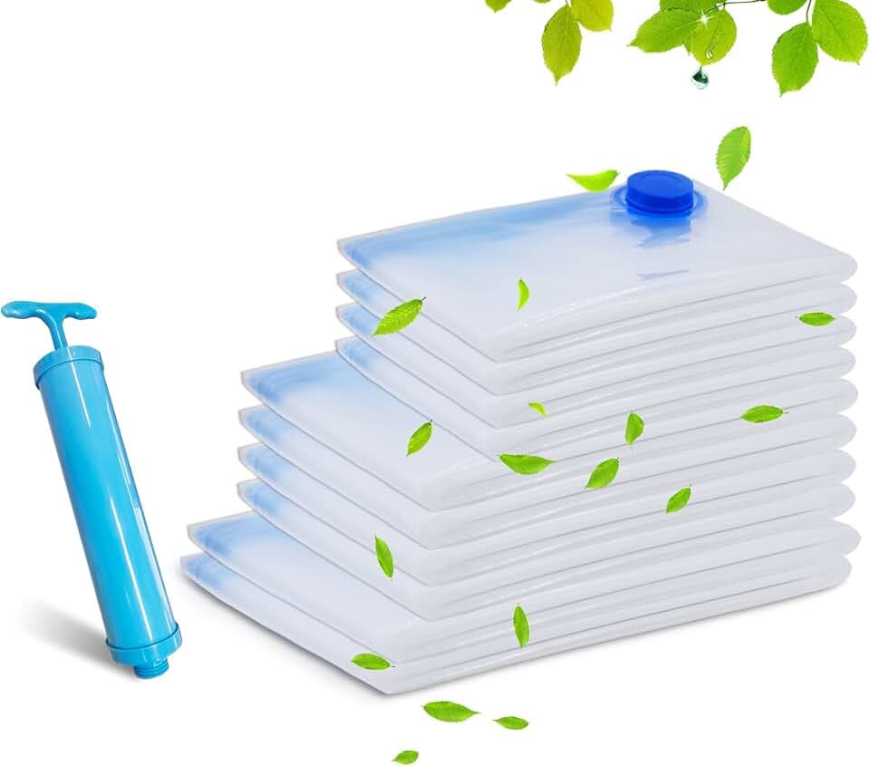 Vakuumbeutel für Kleidung Bettdecken,10 Stück Aufbewahrungsbeutel Reise (2*großen, 4*mittleren, 4*kleinen, 1*Handpumpe) Vacuum bags for clothing Wiederverwendbar Aufbewahrungsbeutel