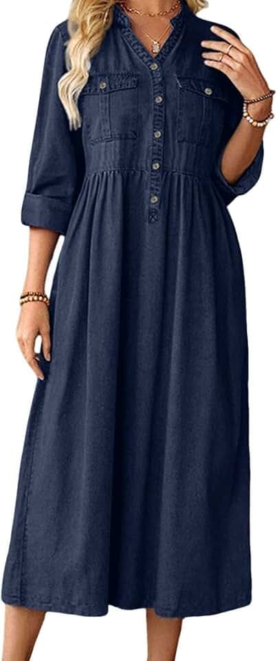loveimgs Women Casual Button Down High Waist Midi Denim Dress V Neck Pleated Shirt Jean Dress A Line Long Sleeves Pockets