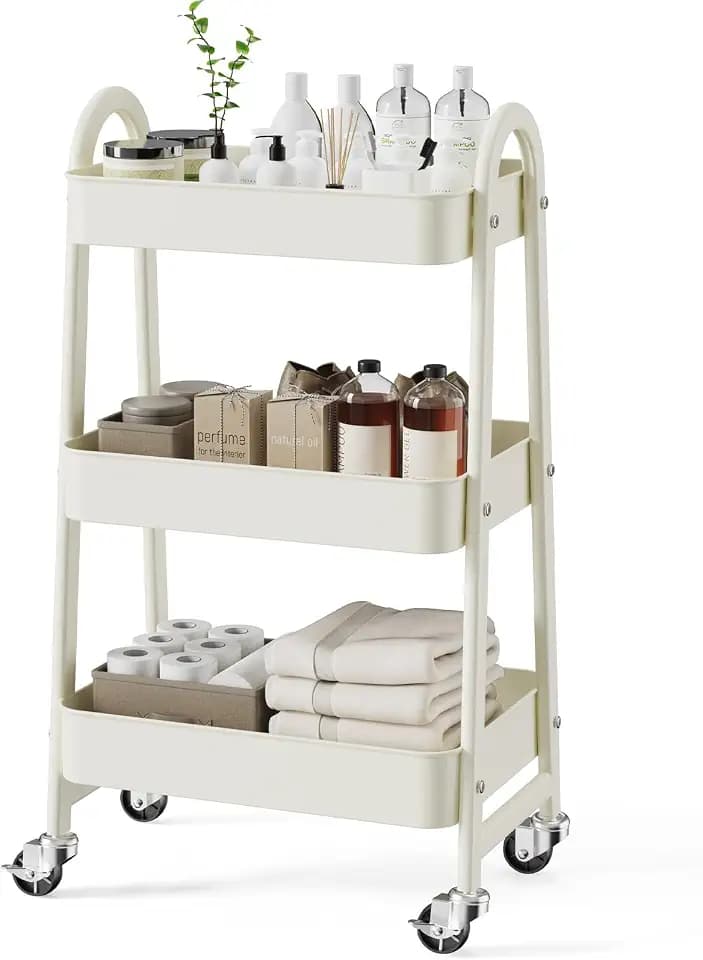 NEWBULIG 3-Tier Metal Rolling Cart with Lockable Wheels, Heavy Duty Mobile Utility Storage Shelf, Roller Book Snack Cart, Organization for Livingroom, Bathroom, Office, White