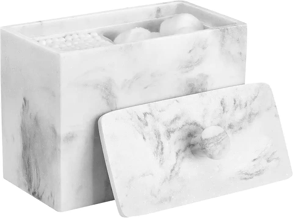 Luxspire Wattestäbchen Behälter und Wattepadspender, 2 Fächer Wattestäbchen Halter Spender Makeup Organizer Aufbewahrungsbox mit Deckel für Wattestäbchen Q-Tips Wattepads Baumwollbehälter, Kies Weiß