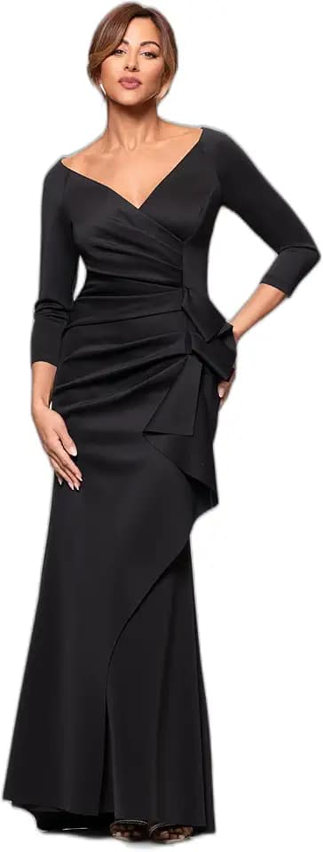 Xscape Women's Floor Length V-Neck Bodycon Evening Gown with 3/4 Sleeves, Rushing, & Ruffle Detail