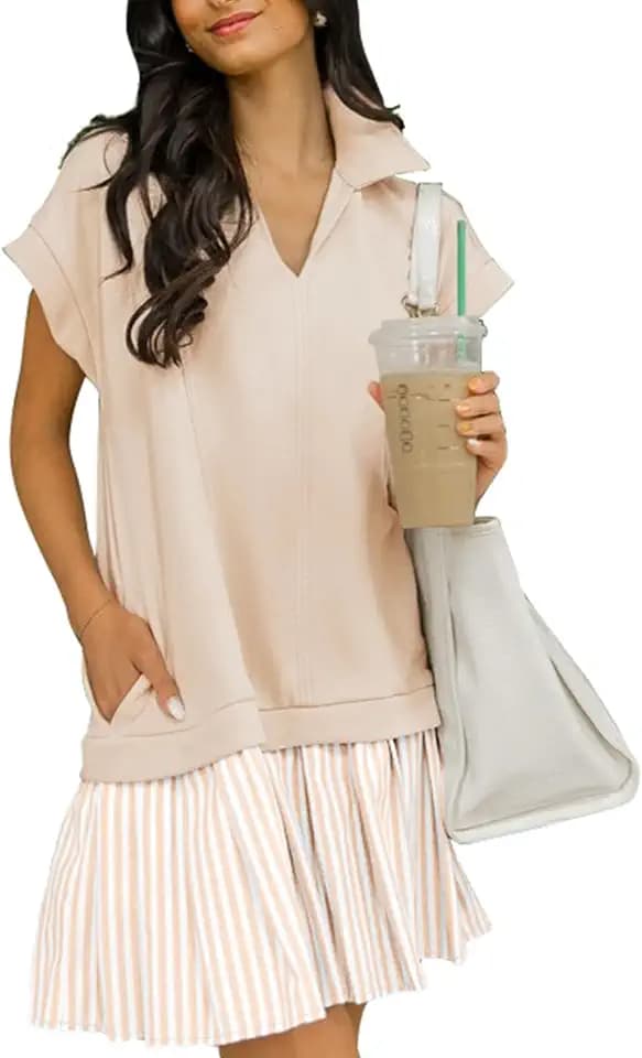 Women's V Neck Short Sleeve Summer Dress Cap Sleeve Casual Loose Fit Pleated Striped Shirt Dress