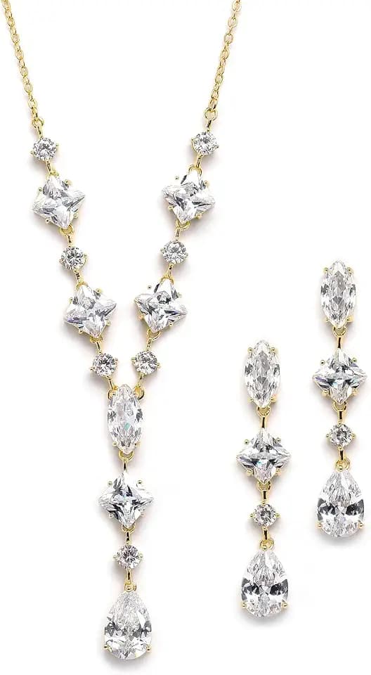 Mariell Gold Cubic Zirconia Necklace & Earrings Bridal Jewelry Set, CZ Crystal Statement Necklace Set for Weddings, Formal Events, Mother of The Bride