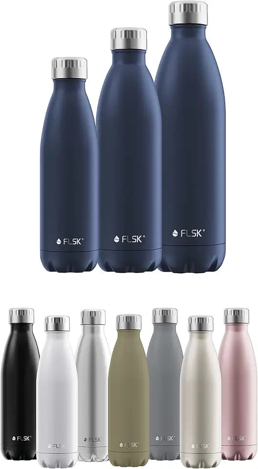 FLSK Trinkflasche I Premium Trinkflasche aus Edelstahl I 100% Auslaufsicher & Kohlensäure geeignet I Thermosflasche hält bis zu 24 Std. Kalt und 18 Std. Heiß
