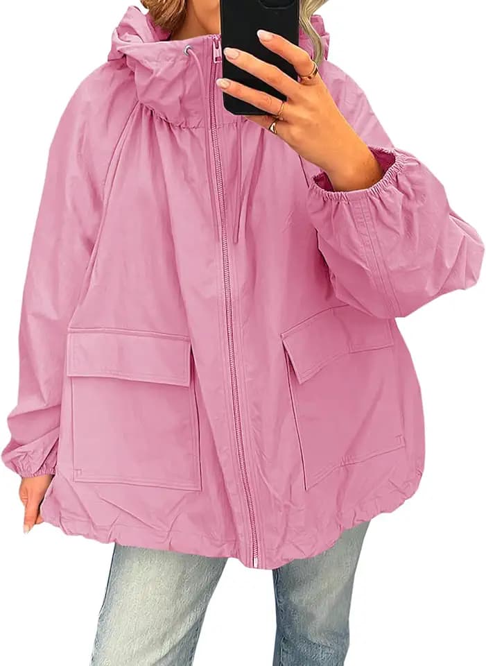 Fisoew Womens Oversized Lightweight Jacket Hooded Trench Coat Windbreaker Waterproof Raincoat With Pockets For Outdoor