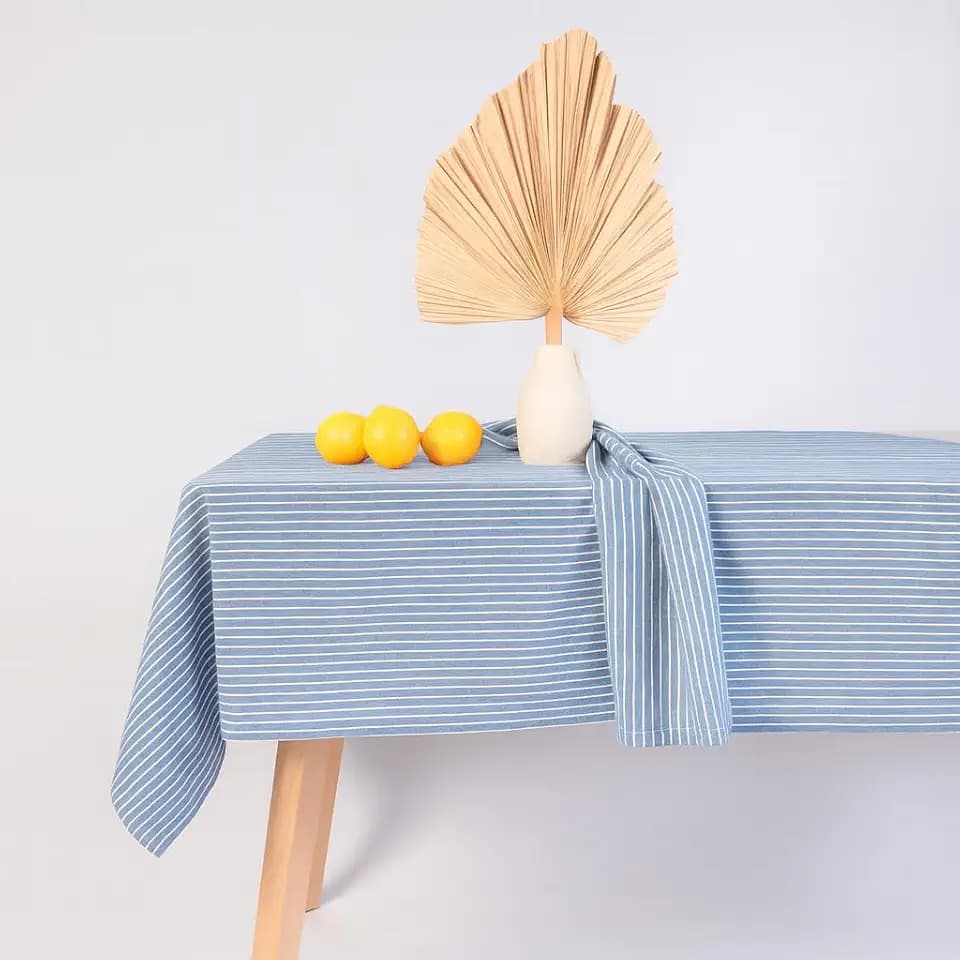 MONDAY MOOSE Striped Farmhouse Picnic Style Decoration Rectangle Natural Stonewashed Cotton Tablecloth for Kitchen, Dining Room, Restaurant (60x102 inch, Blue/White Stripes)