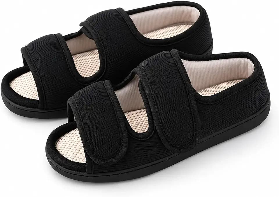 TIESTRA Men's Diabetic Sandals,Adjustable Wide Open Toe House Summer Slippers for Swollen Feet,Breathable Linen Insole,Memory Foam Cushioning,Non Slip Indoor Outdoor Comfort Shoes