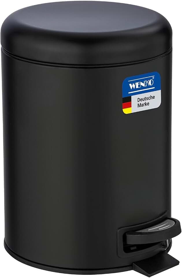 WENKO Kosmetikeimer 5 Liter, Stahl, herausnehmbarer Inneneimer mit Müllbeutelhalter, Mülleimer fürs Bad mit Deckel und Tretfunktion, ausklappbarer Tragegriff, Schwarz matt, Mod. Leman