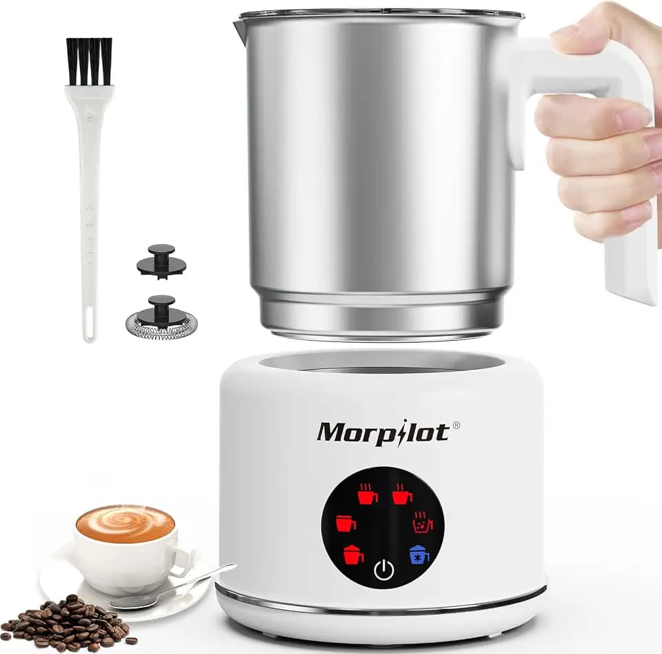 Morpilot Milchaufschäumer Elektrisch, 6 in 1 Milchschäumer für heißer, kalter Milchschaum und heißer Schokolade, 500ml, 600W, Latte-Design, Spülmaschinenfest, Antihaftbeschichtung, Edelstahl, Weiß
