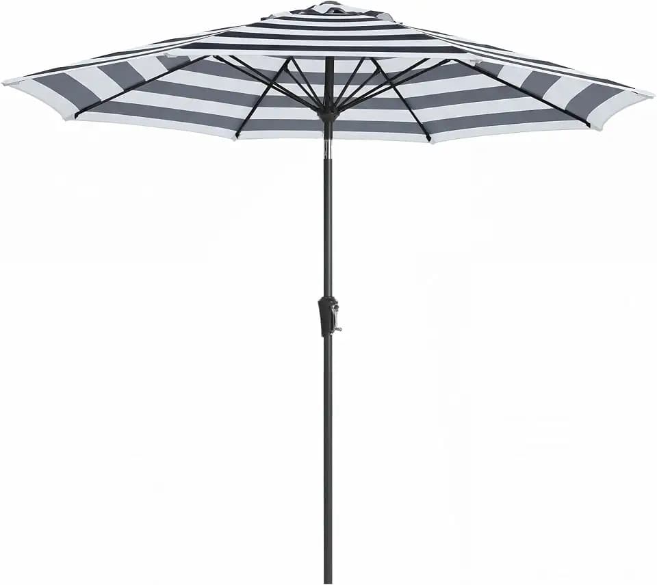 JEAREY 9FT Outdoor Patio Umbrella, Market Table Umbrella with 8 Fiberglass Ribs, Pool Umbrella with Tilt and Crank, UV Protection Lightweight & Wind-Resistant for Lawn, Garden, Deck and Backyard, Black-White Stripe