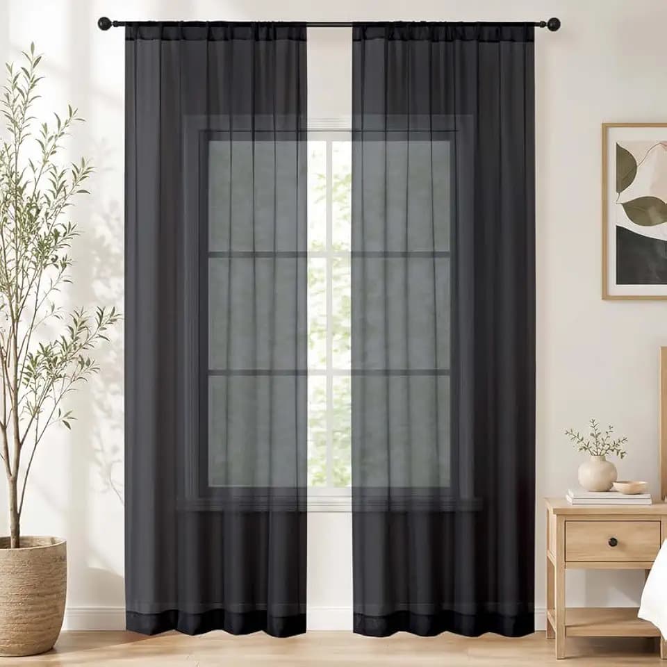 Simplebrand Black Sheer Curtains 96 Inches Long 2 Panels for Living Room