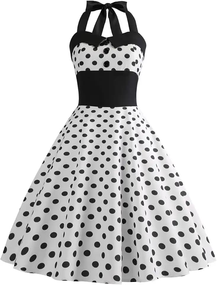 Women 50s Vintage Polka Dot Halter Cocktail Swing Dress Buttons Floral 1950s Rockabilly Audrey Hepburn Prom Tea Party Dress