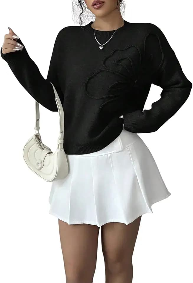Verdusa Women's 3D Flower Appliques Crewneck Long Sleeve Knit Fall Sweaters