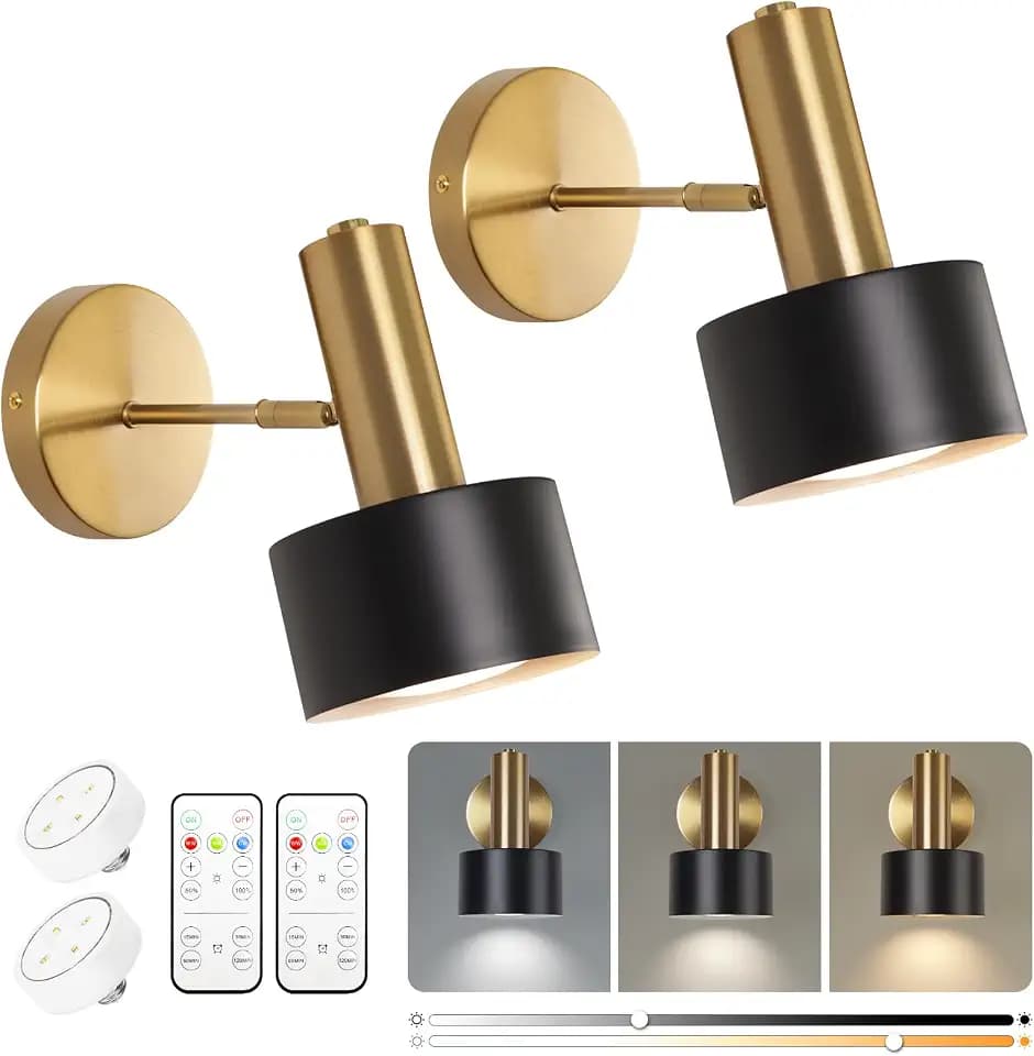 KELUOLY Battery Operated Wall Sconces Set of 2, Modern Wireless Black Wall Lights Fixtures,Cordless Wall lamp with Memory Function, with Remote Control Apply to Bedroom, Living Room, Corridor Stairs