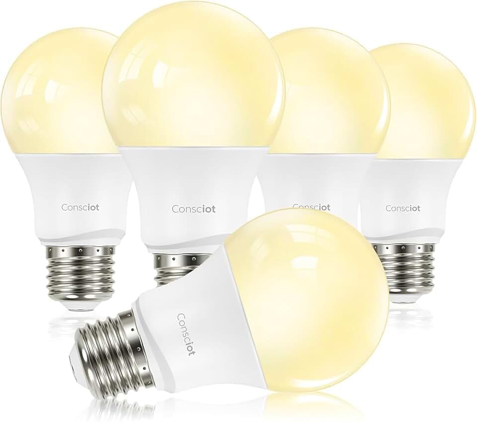 Consciot A19 LED Light Bulbs Dimmable, 60W Equivalent, 3000K, 5 Packs