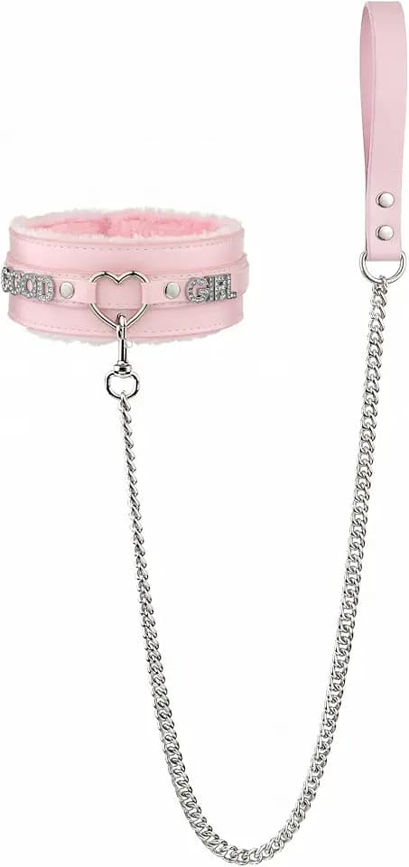 Pink Furry Heart O-ring Leather Choker and 38" Aluminum Chain Leash Set