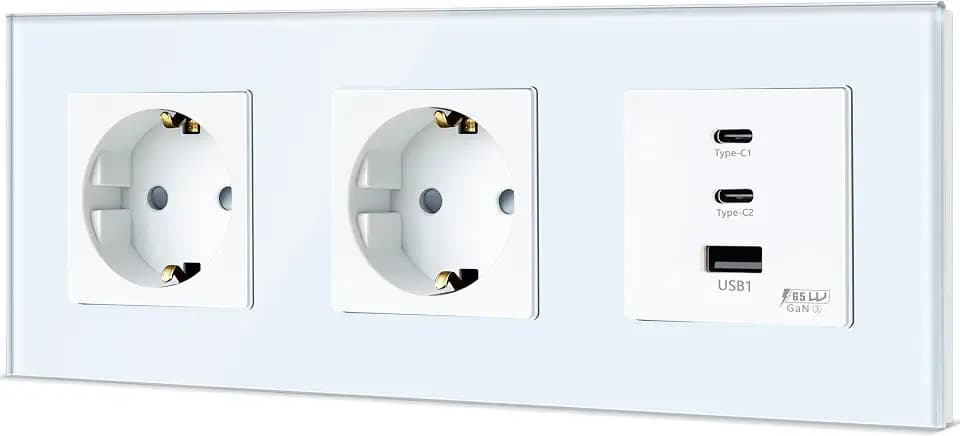 TAWOIA Schuko Steckdose mit 65W Type C und USB Schnellladeschnittstelle für Mobiltelefone, Tablets und Laptops, EU-Standard 2 Fach steckdose unterputz mit Usb C Weiß 86 * 228mm