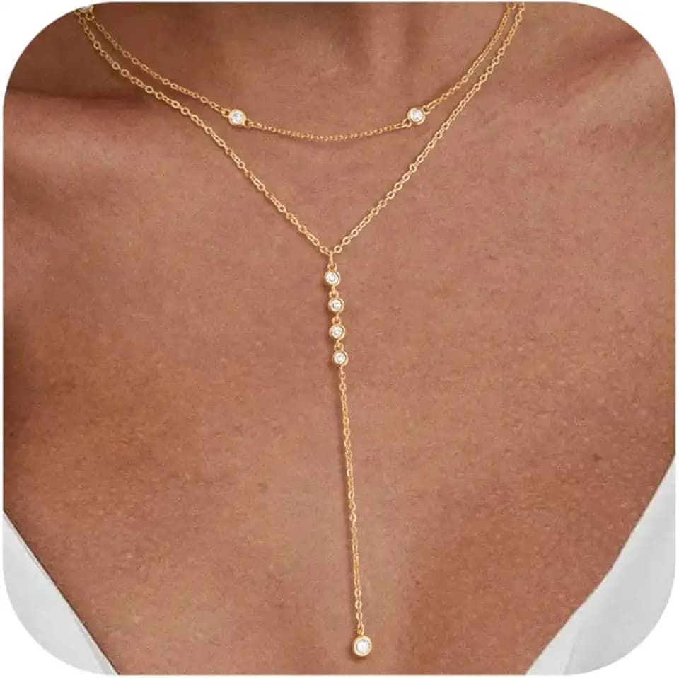 Lariat Necklace for Women, Dainty Long Necklaces, 14k Gold/Silver Plated Y-Shaped Drop Chain Necklace, Simple Layered Necklaces, Trendy Jewelry Gifts