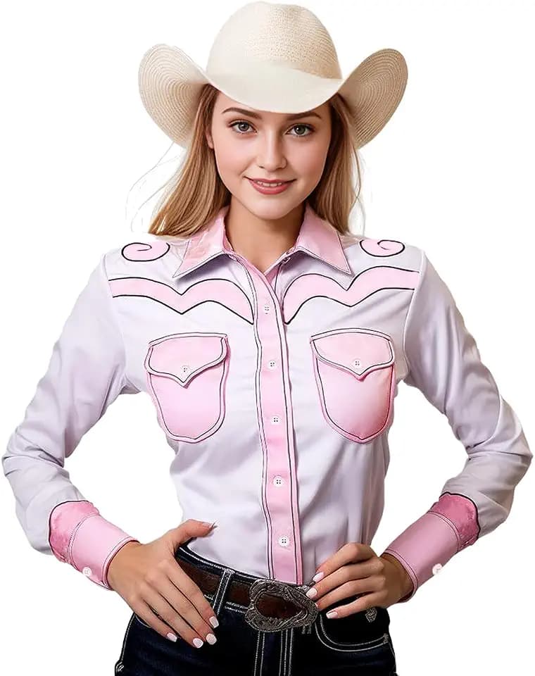 Womens White Western Snap Work Shirts Long Sleeve Button Up Blouse Pearl Snap Styles