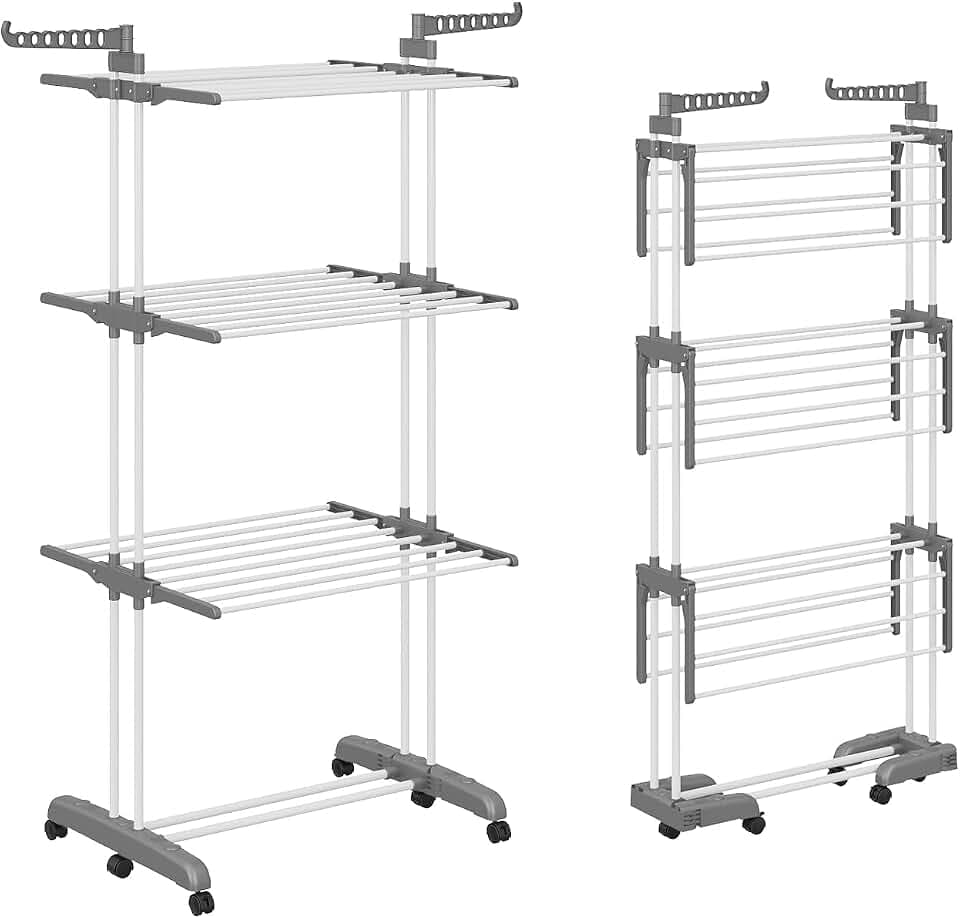 3 Etagen WäScheständer Turm Klappbarer mit 2 Drehbare Flügeln Hoch 178cm Klappbare Füsse Platzsparend Clothes Drying Rack mit Rädern für Wohnung, Balkon & Garten (Grau)