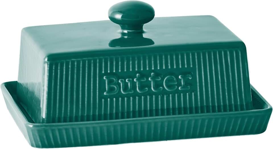 Butterdose Porzellan, rechteckige Butterglocke für 250g Butter, Butterschale mit Deckel und Griff, Butterbox Spülmaschinenfest, Butterschatz im Landhausstil für Haus und Küche, grün