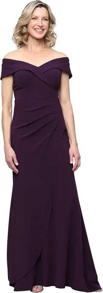 Alex Evenings Women's Off the Shoulder Stretch Crepe Dress with Fishtail Back, Floor Length Mother of the Bride Dress