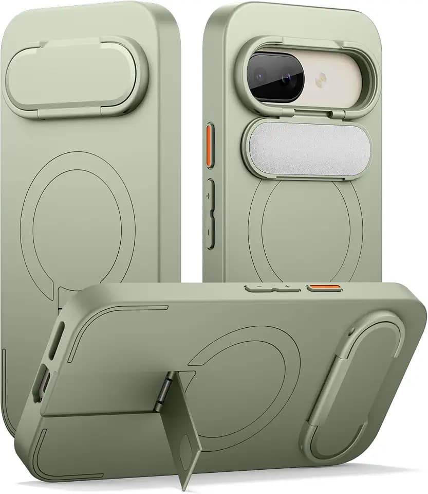 SURITCH for Google Pixel 9a Phone Case, Compatible with MagSafe, Protective Cover with Camera Cover & Adjustable Metal Kickstand for Pixel 9a -Sage Green