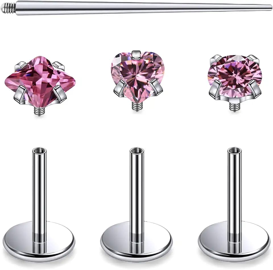 F136 Titanium 20/18/16G Internally Threaded Flat Back Nose Rings Stud Earrings Lip Labret Medusa Monroe Multicolor Gem Piercing Jewelry with Taper for Women Men