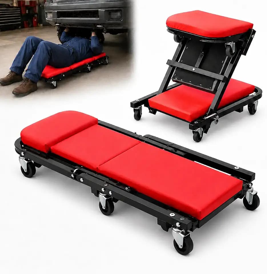 Mechanic Creeper, Foldable 2-in-1 Z Garage Creeper, 36" Adjustable Rolling Folding Car Creeper & Seat Lay Down Or Sit Chair, 300LBS Under Car with 6 Swivel Casters for Mens Dad Tools Gift