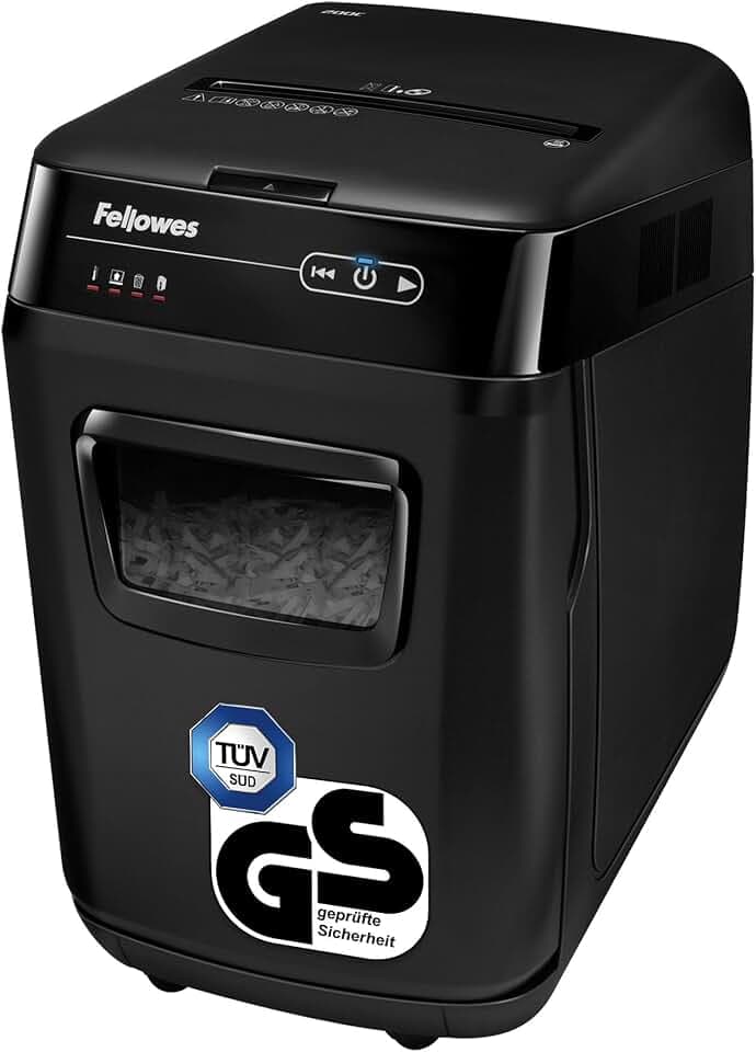 Fellowes Autofeed Aktenvernichter Automax™ 200C, 4 x 38 mm Partikelschnitt (P-4), 200 Blatt, für 1-3 Nutzer im Büro oder Home Office, leise Dank SilentShred, CD Vernichtung, DSGVO-geeignet
