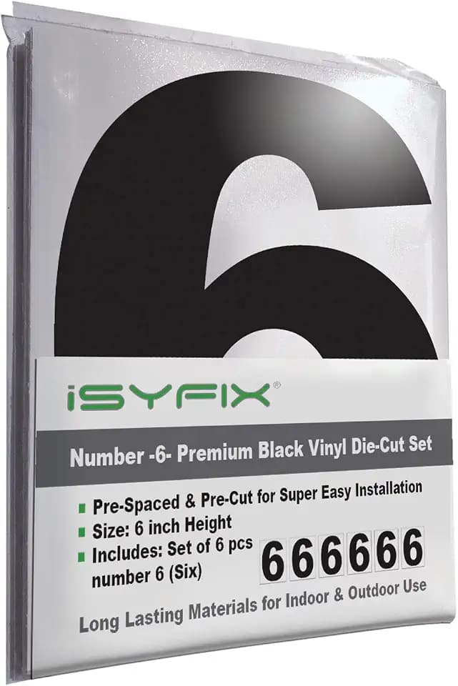 iSYFIX Black Vinyl Number 6 (Six) Stickers, 6 Inch, 6 Pack, Self Adhesive