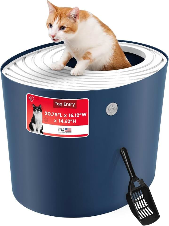 IRIS USA Top Entry Cat Litter Box, Hooded Privacy, Large, Navy/White