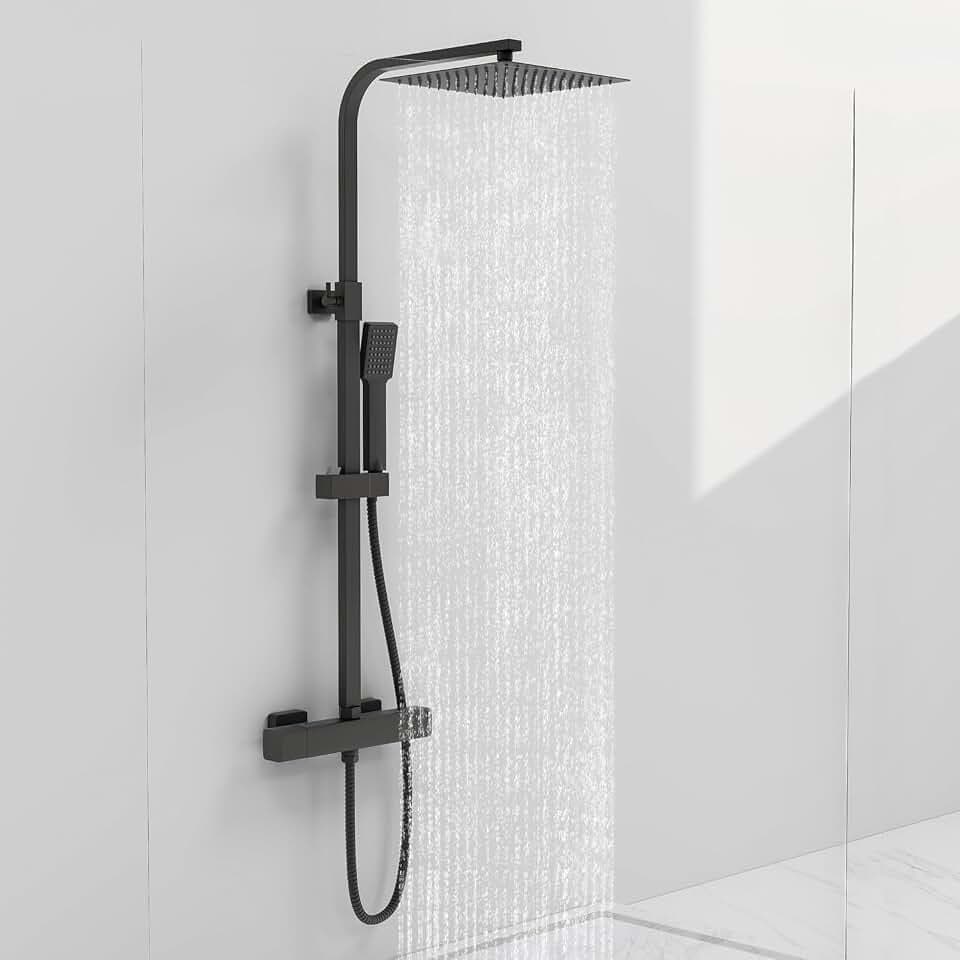 Duschsystem mit Thermostat 38 °C, Duschsäule aus Edelstahl mit Badmischer, 1 Strahlarten Duschkopf, Quadratischer Duschkopf 25x25CM, Schwarz