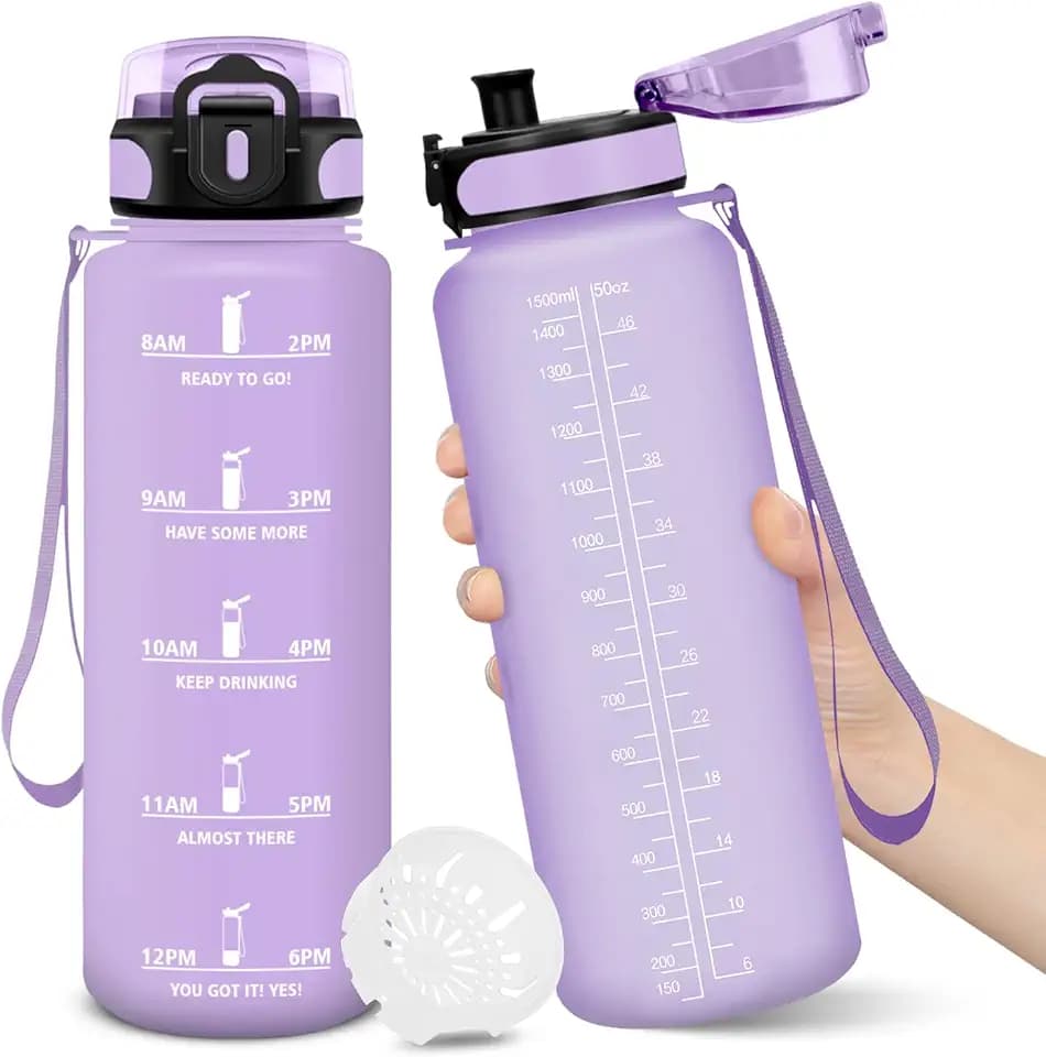 Trinkflasche, 1500ML BPA-Frei, Wasserflasche, Auslaufsicheres Schlossdesign, Trinkflaschen, Mit Zeitstempel, Trinkflasche Kinder Auslaufsicher für Yoga, Sport, Camping Wasserflasche Kinder - HellLila