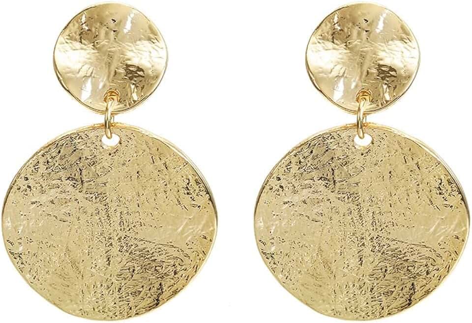 Round Geometry Clip On Earrings for Women, Matte Gold Silver Retro Disc Dangle Drop Clip Earrings Non Pierced Clips Stetement Jewelry Gifts