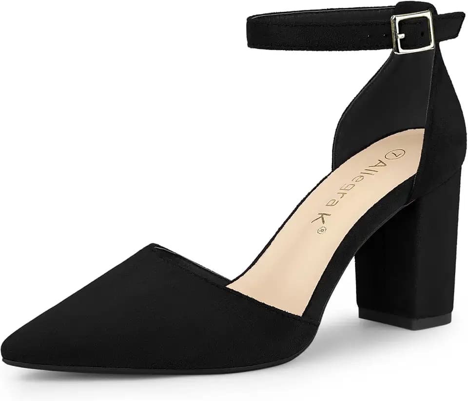 Allegra K Damen-Pumps mit Knöchelriemen, spitzer Zehenbereich, Blockabsatz