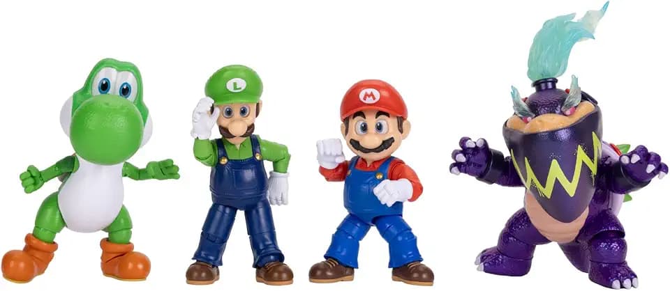 Super Mario Galaxy Movie 13 cm Actionfiguren-Multipack, offiziell lizenziert von Jakks Pacific. Enthält Mario, Luigi, Yoshi und die Exklusive Wonder Bowser Jr. Figur. Bewegliche Figuren. Ab 3 Jahren.