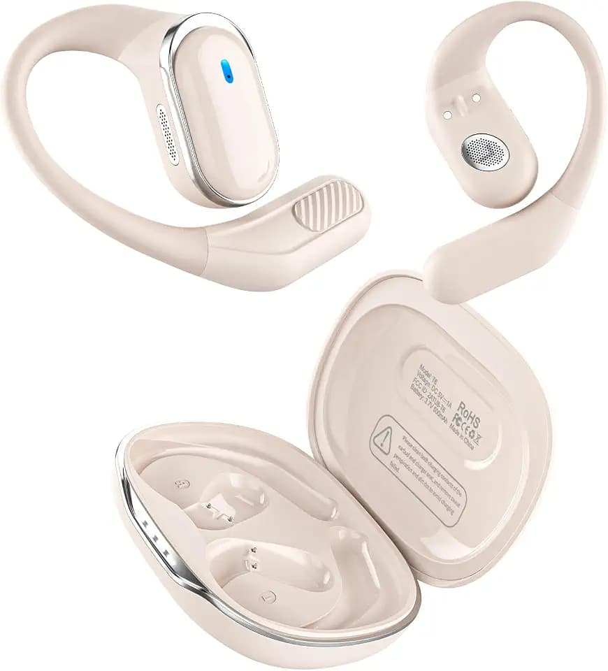 Open Ear Wireless Earbuds Bluetooth Headphones, 80H Playtime Stereo Ear Buds with ENC Noise Cancelling, Fast Charging, IPX7 Waterproof Sports Earphones with Earhook for Running/Workouts (White)