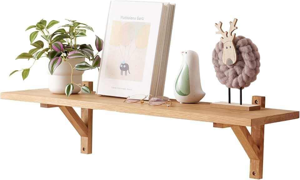Schweberegal Eiche - 80cm Wandregal Holz Dekorative Regal Wandboard Eiche Massiv 2 Dreieck Halterungen für Schlafzimmer, Wohnzimmer, Flur