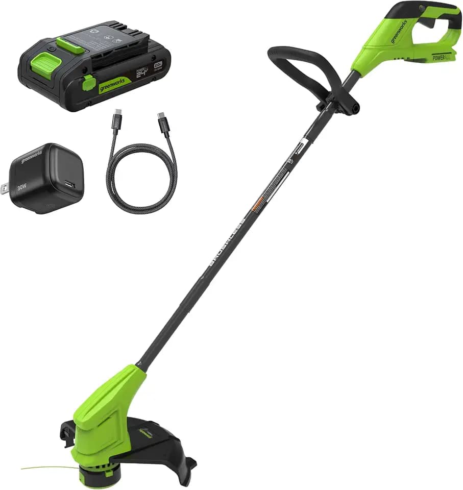 Greenworks 24V 12 in Cordless String Trimmer, 2.0 Ah Battery and Charger
