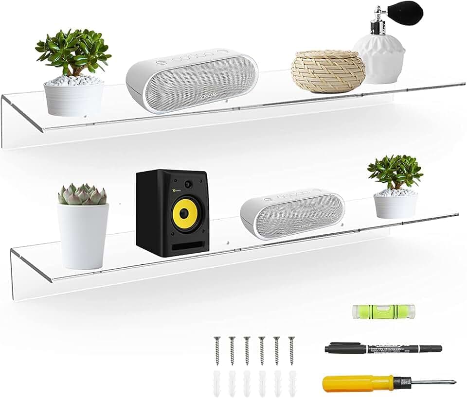 Sezanrpt 60cm klare schwimmende Regale für Wand, Acryl langes Wandregal, Wand montierte Regale für Pflanzen, Lautsprecher, Radio, Funko Pop, Plüschtier, Bücher, Toilettenartikel, 2er-Set (60cm)