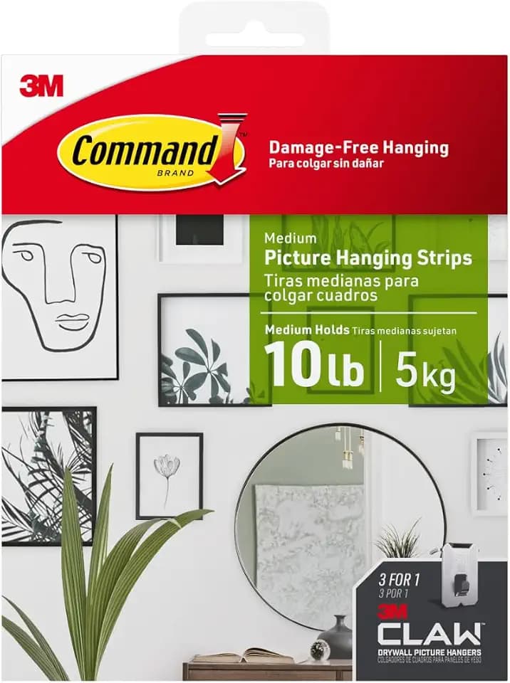 Command and 3M Claw Picture Hanging Kit, 10 lb Medium Picture Hanging Strips 8 Pairs (16 Strips) and 45, 25, & 15 lb 3M Claw Picture Hangers, Hanging Picture Frames for Back to School Decorations
