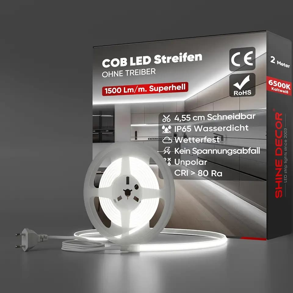 Shine Decor COB LED Streifen 2m, AC 220V 230V IP65 Wasserdicht LED Band, SMD2025 286 leds/m Ultrahohe Helligkeit Lichtleiste für Küche Garten LED Beleuchtung (2M, Kaltes Weiß, CE Zertifiziert)